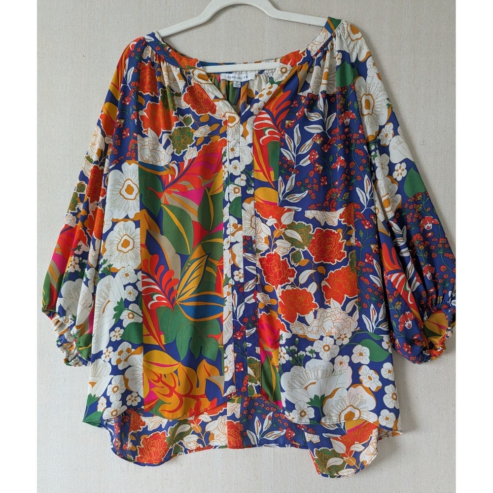 Rose + Olive Blouse Women 2X Multicolor Floral Patchwork Boho Balloon Sleeve Top